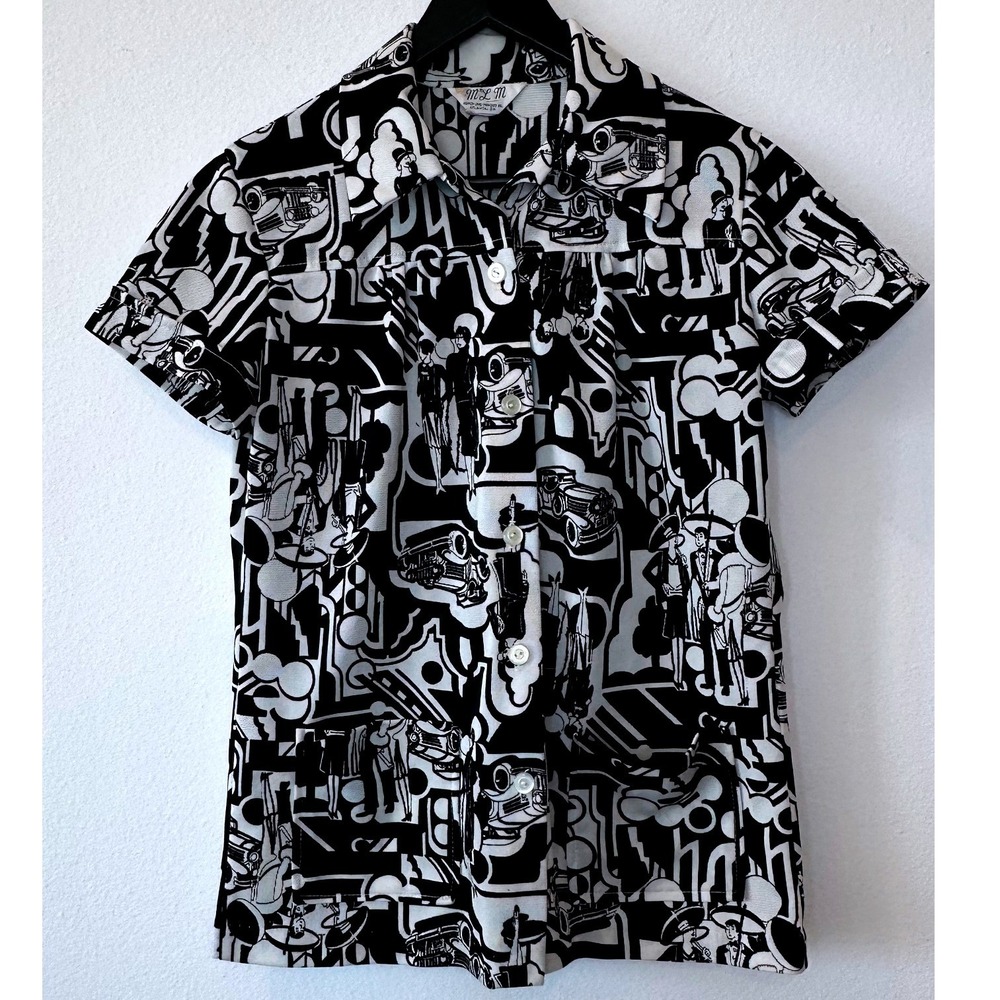 Vintage 60s 70s MLM Mayer-Lang-Marquis Art Deco Novelty Print Button Up Sz S/M